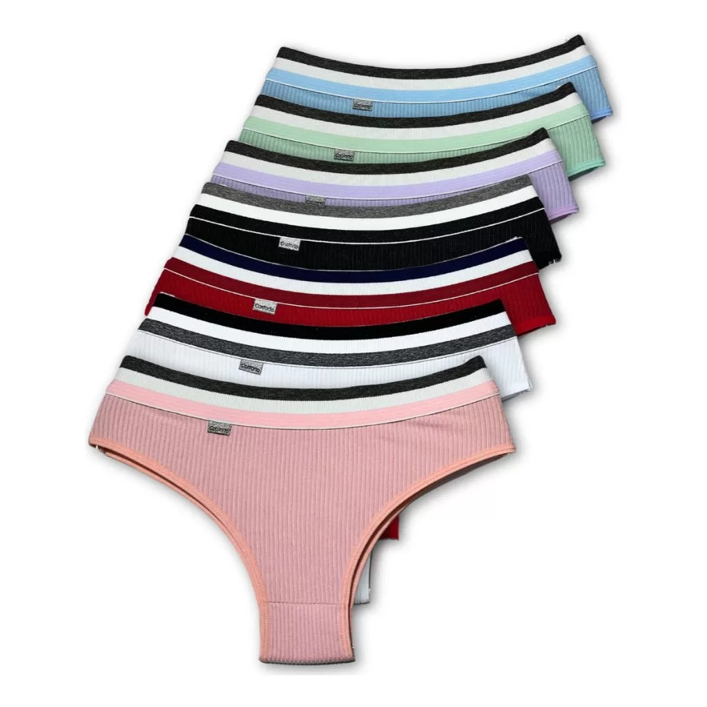 Kit 1 à 8 Calcinha Canelada Cintura Alta com Forro em Algodão Cós Alto Confortável para Dia a Dia