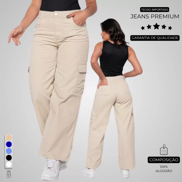 Calça Cargo 100% Jeans Original  Wide Leg Bege Pa