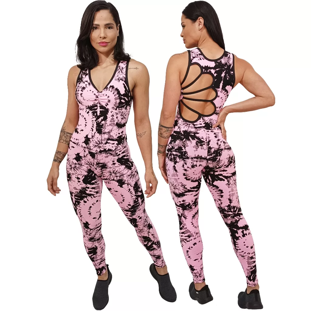 Macacão Feminino Longo Fitness Academia Zero Transparência Detalhe Flor Estampa Espiral