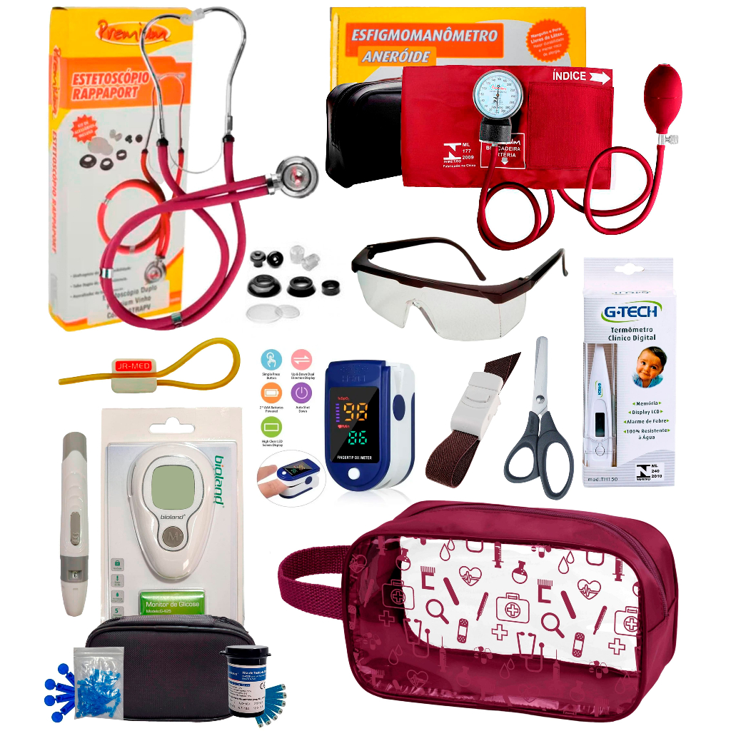 Super Kit Enfermagem Aparelho de Pressão + Estetoscópio  Premium Completo + Oximetro + Nécessaire Vi