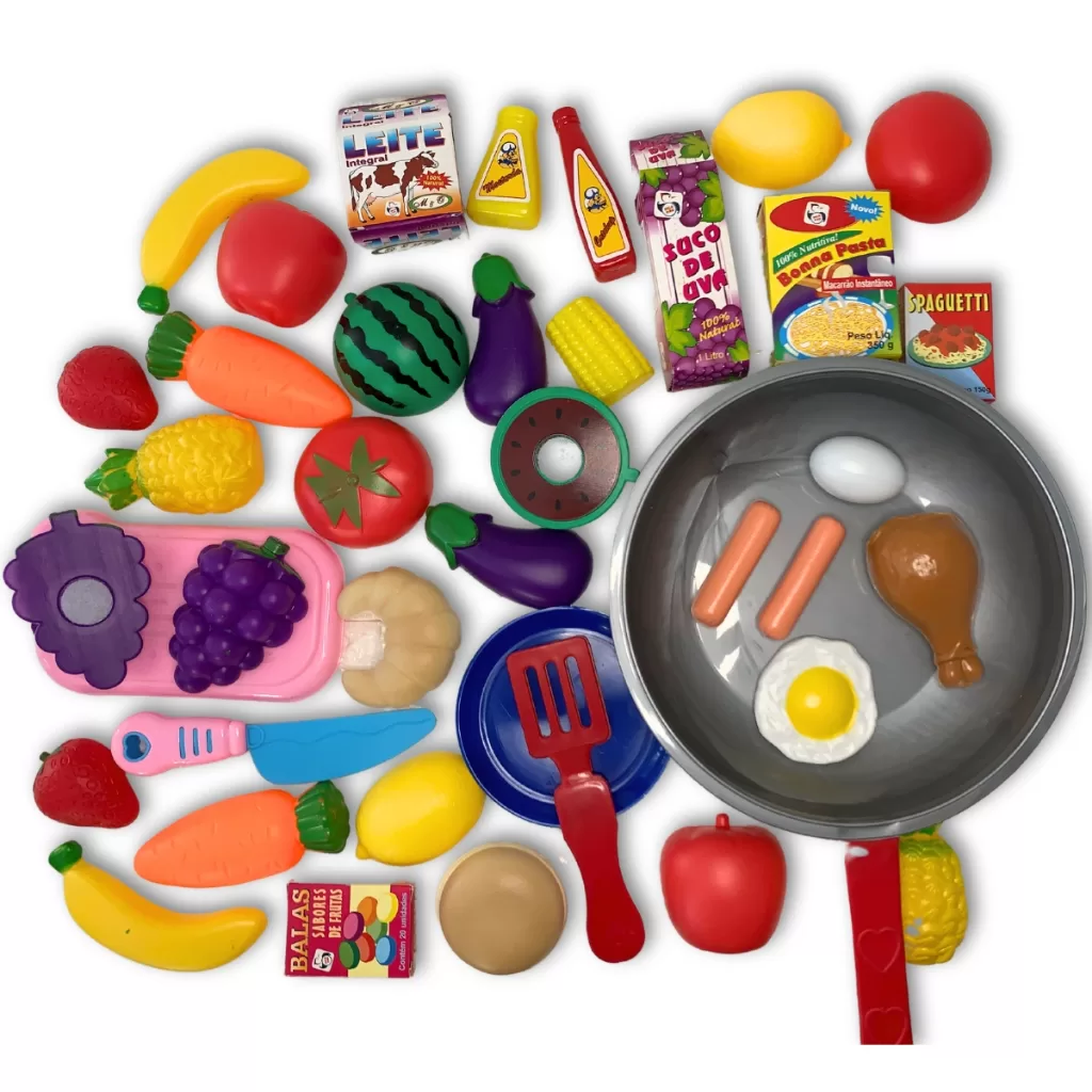 Mercadinho Frutas e Legumes de Cortar com Velcro + Frigideira C/ Comidinhas de Brinquedo Infantil