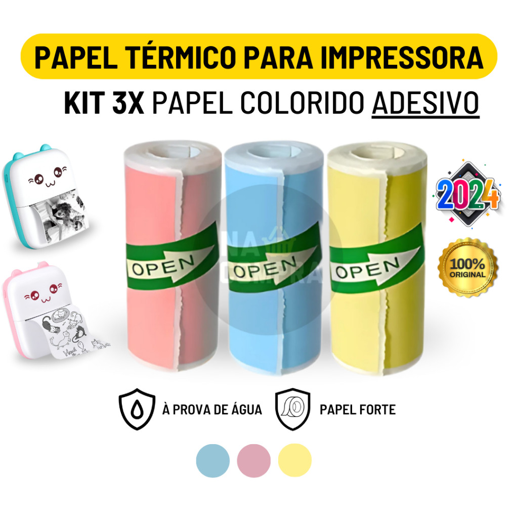 Kit 3 Bobina Rolo Etiqueta Térmica Adesiva 57mm Colorida Mini Impressora Portátil | Envio Imediato