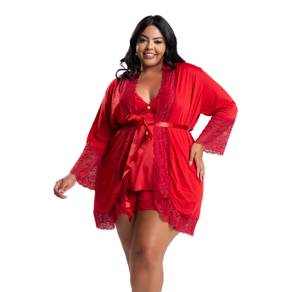 Robe Manga Longa Microfibra Renda Luxo Sexy Plus Size Florallys