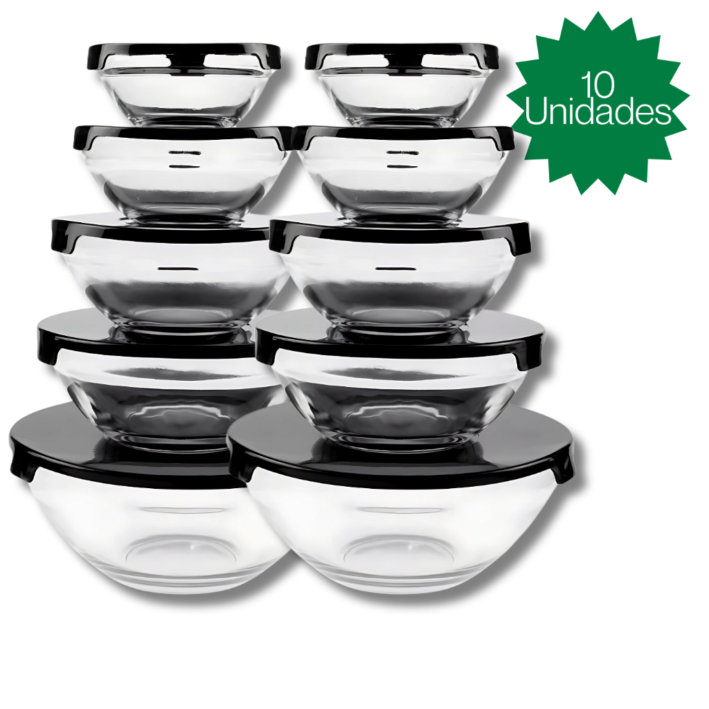 Conjunto 5 ou 10 Tigela Vidro Bowl Marmita Tampa Cozinha Geladeira