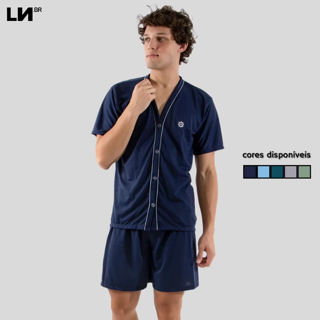 Pijama Curto de Botão Masculino Malha Verão Linha Noite