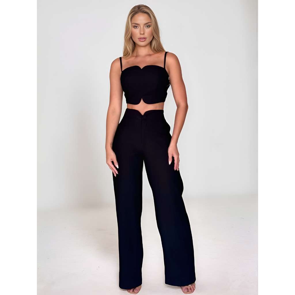 Conjunto Feminino Alfaiataria Cropped e Calça Pantalona Chique Elegante