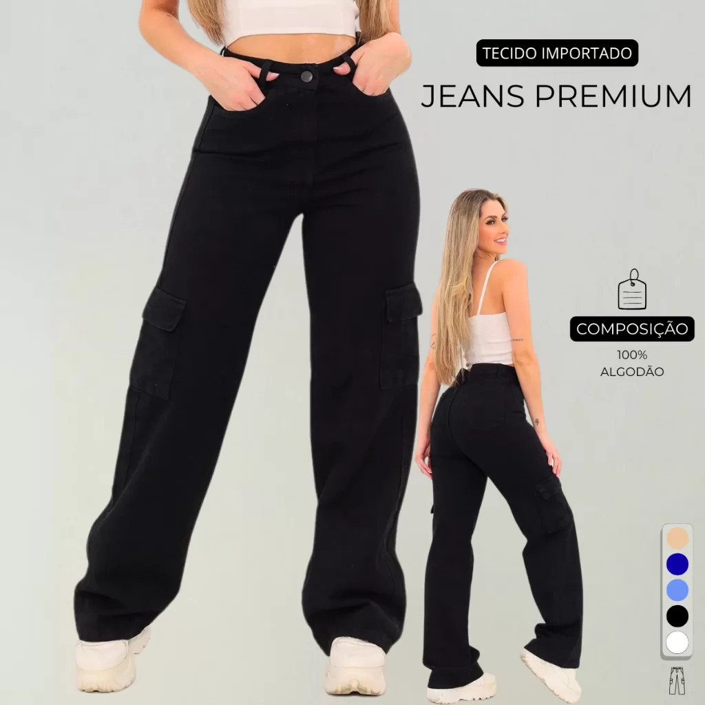 Calça Cargo Feminino Jeans Cintura Alta 34 Ao 44 + 5 Cores