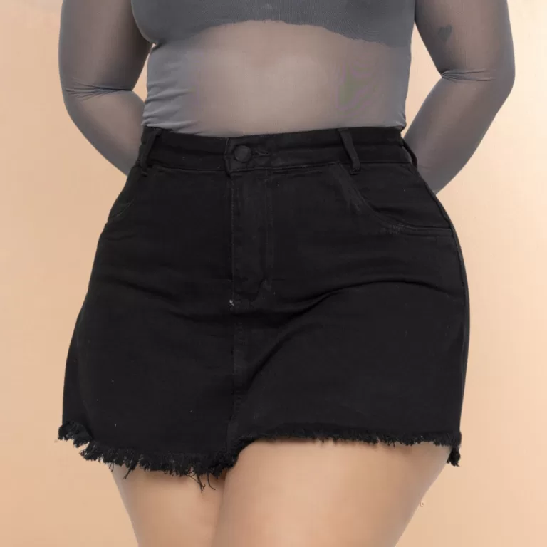 Short Saia Jeans Preto Plus Size Feminino Cintura 