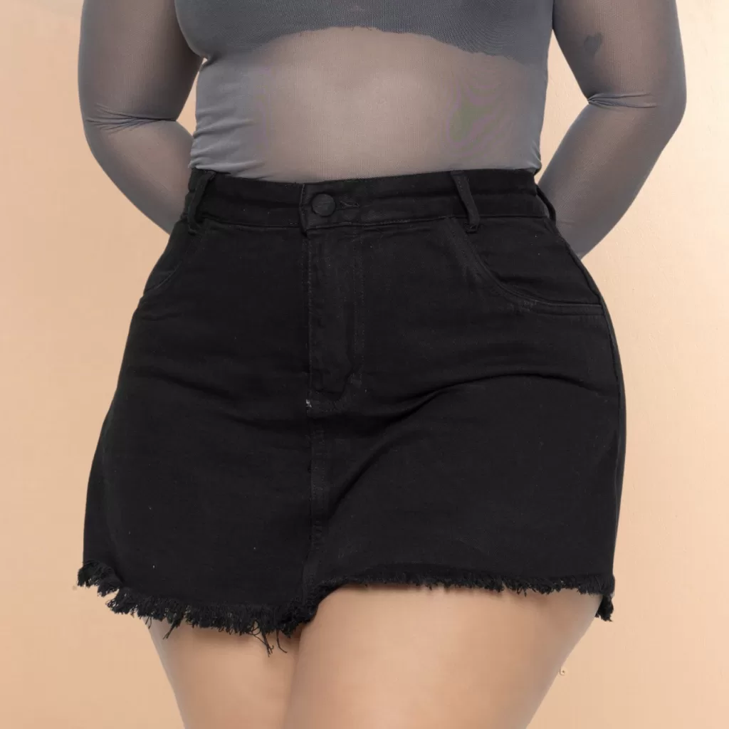 Short Saia Jeans Preto Plus Size Feminino Cintura Alta