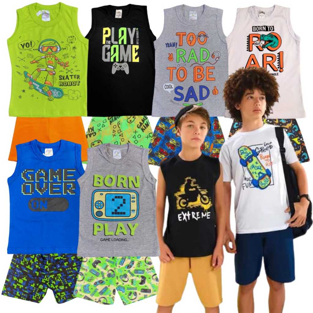 Kit 10 Peças Roupa Infantil Menino Verão Conjunto Masculino Juvenil 5 Camiseta Calor 5 Short 1ao 16