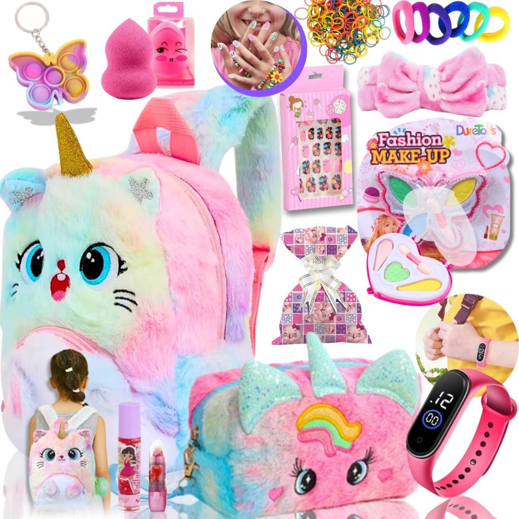 Kit de Maquiagem Infantil Super Completo Com Mochila de Pelúcia E Nécessaire Unicórnio Gatinho + Emb