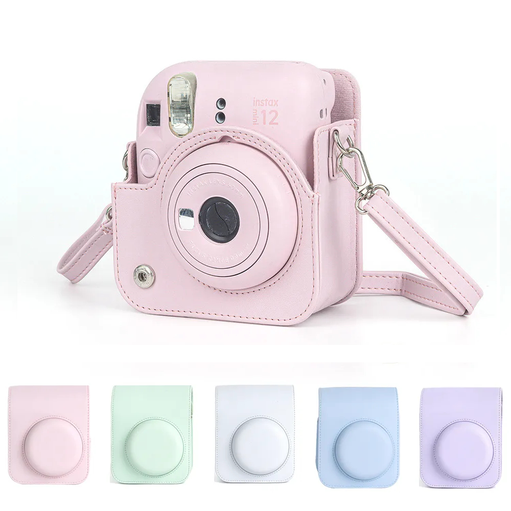 Bolsa Estojo Protetor de Couro para Câmer Fujifilm Instax Mini 12, C/ Alça de Ombro Ajustável/Removí