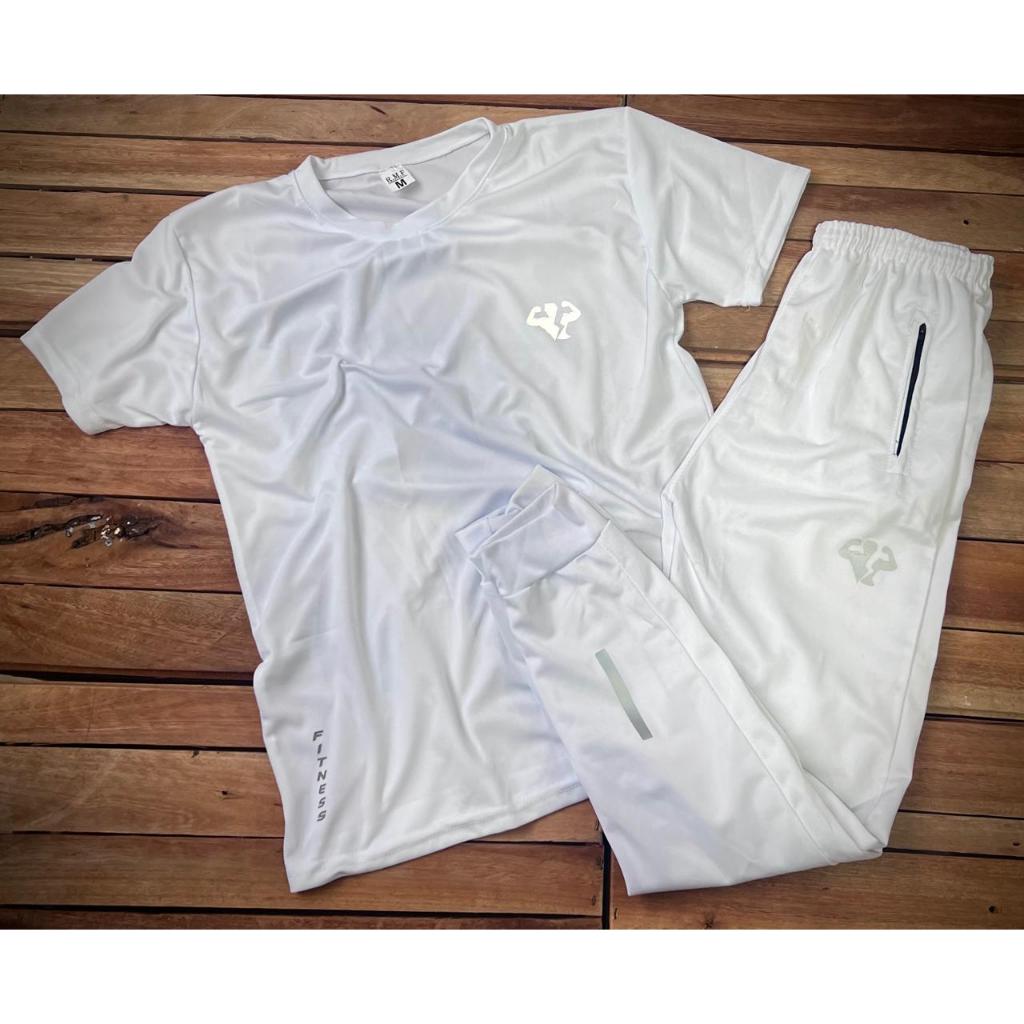 Conjunto Fitness Todo Branco Camiseta + Calça Jogger – Pronta Entrega + Envio Imediato