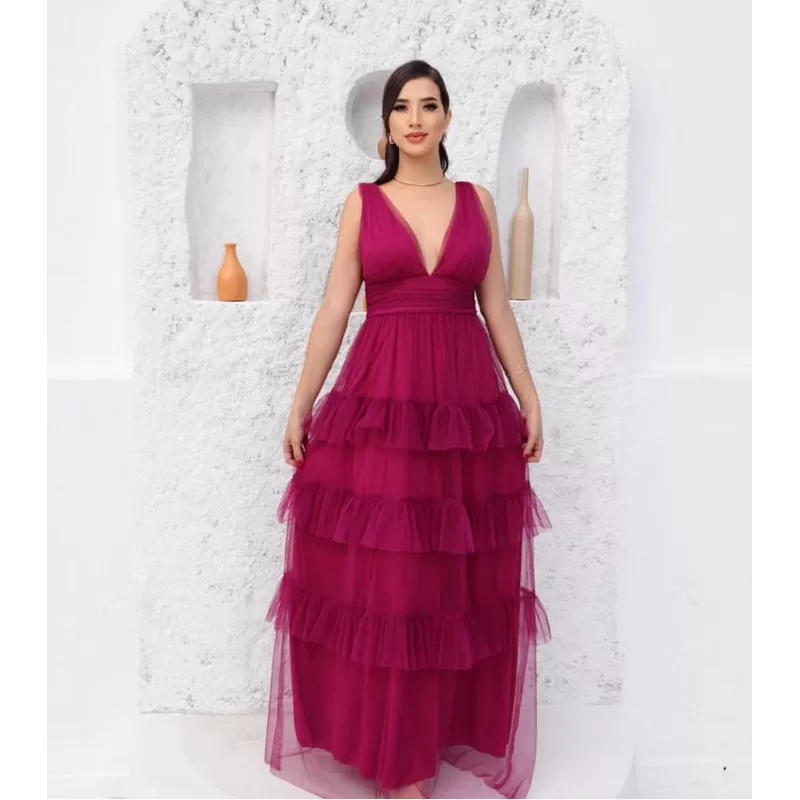 vestido de festa longo madrinha formatura casamento convidada debutante elegante tule fuscia brilho
