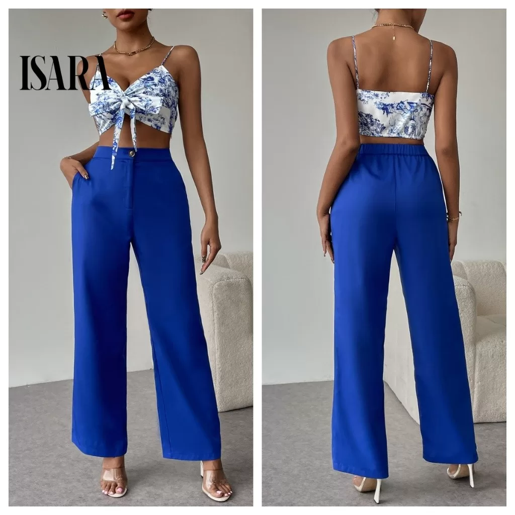 SV Conjunto social feminino, blusa estampada + calça pantalona de alfaiataria.