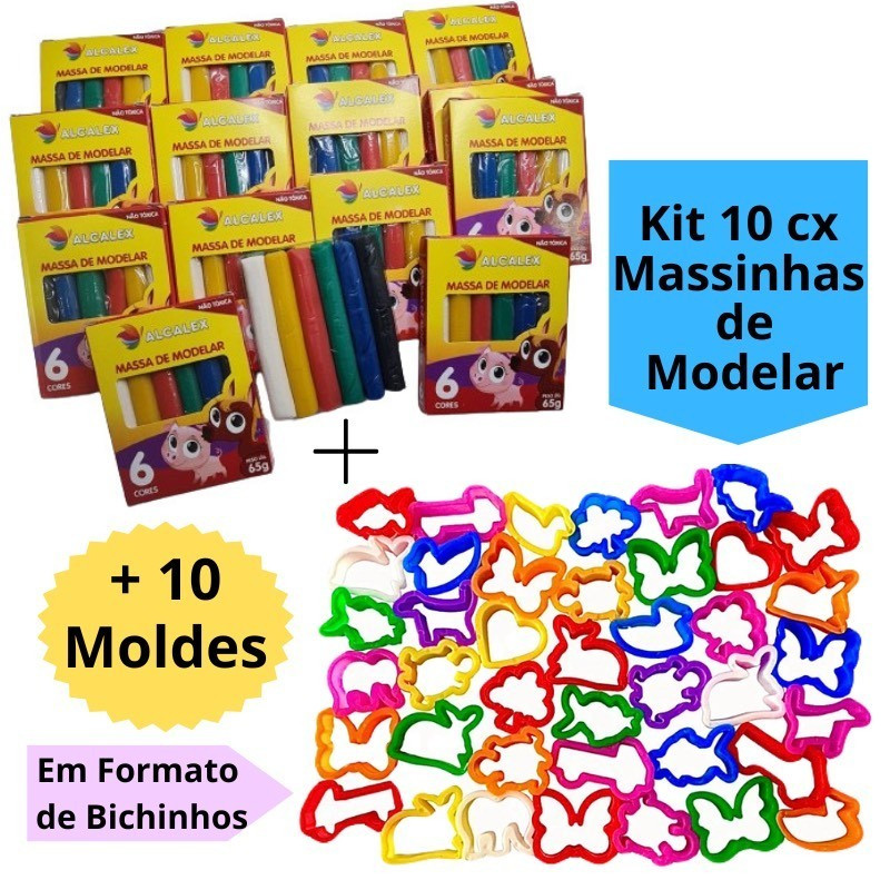 Kit 10 Cx Massinha de Modelar + 10 Cortador Molde Kit Festa Lembrancinha Infantil Escolar