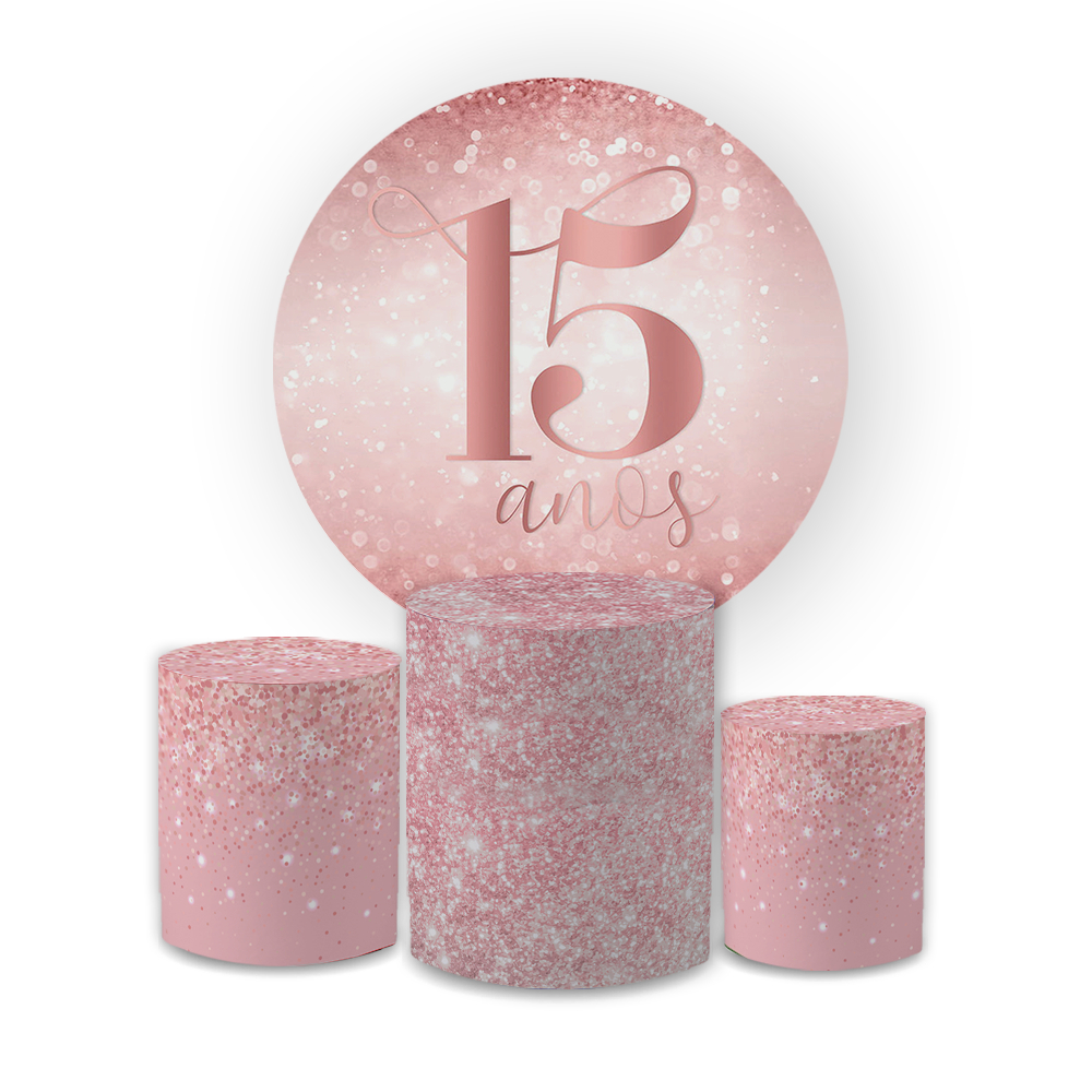 Kit Capa Painel Redondo 1,5 + Trio Cilindros Tecido Sublimado Festa 15 Anos Decoração