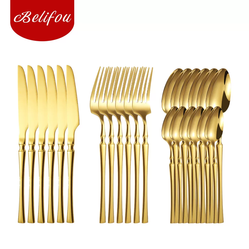 Belifou Kit 24 Jogo De Talheres Aço Inoxidável Cintura Fina Dourado