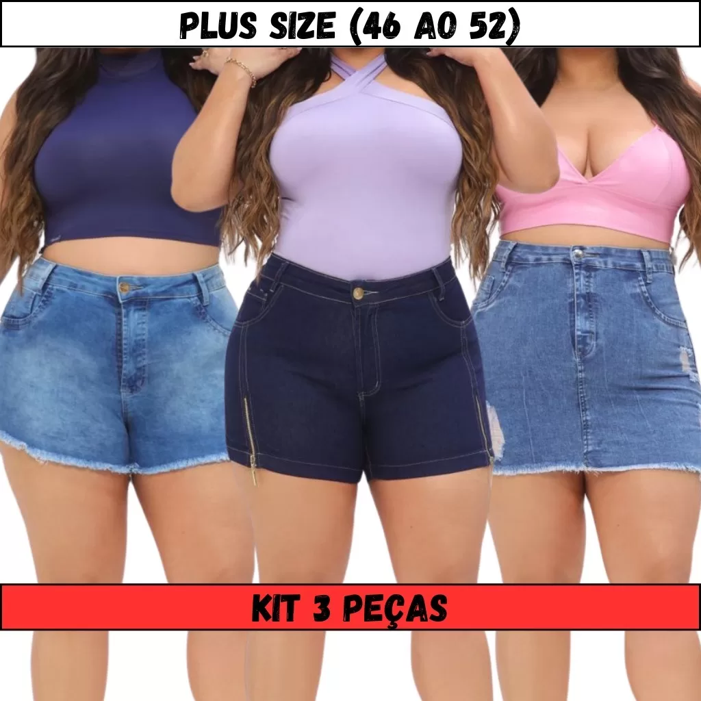 Kit 3 Short Feminino Jeans Com Lycra Short e Saia Plus Size Cintura Alta Bermuda Curta