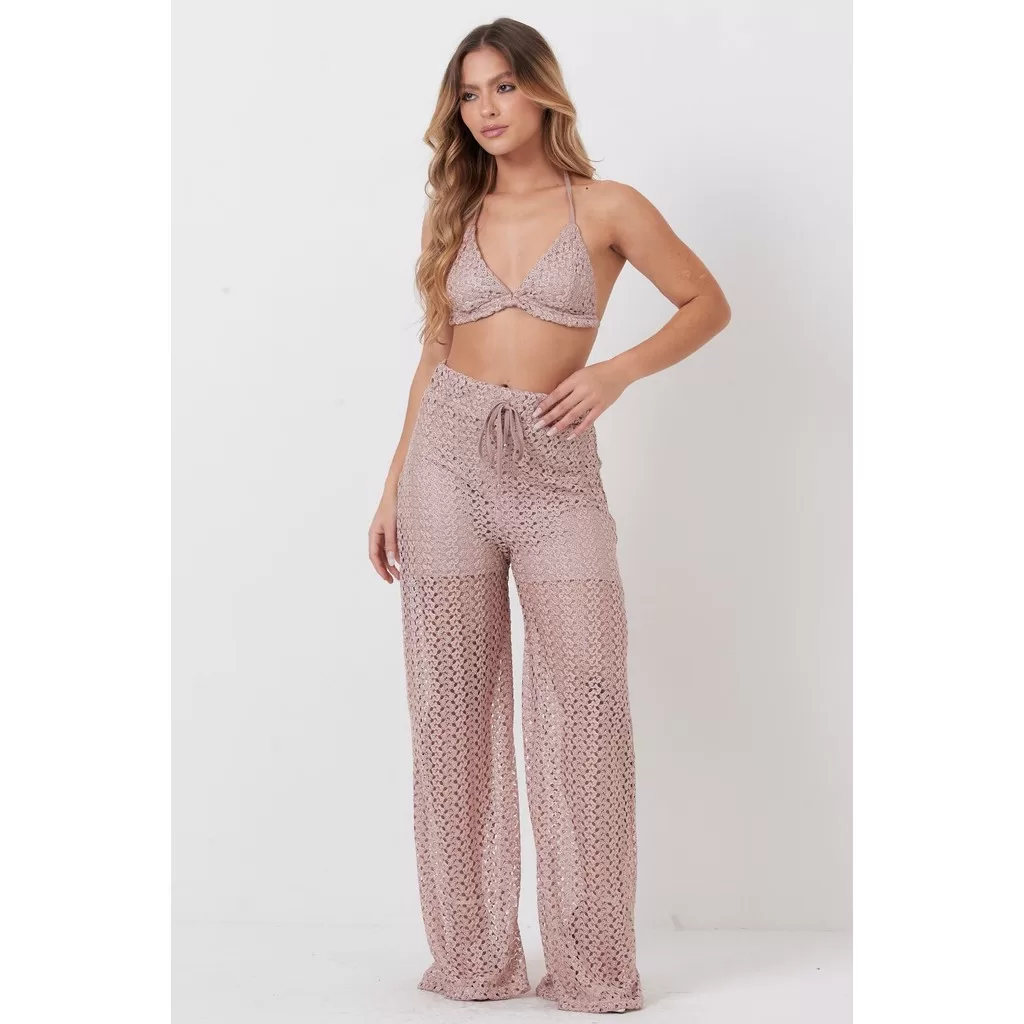 Calça Feminina Pantalona Renda Planet Girls Rosa Claro