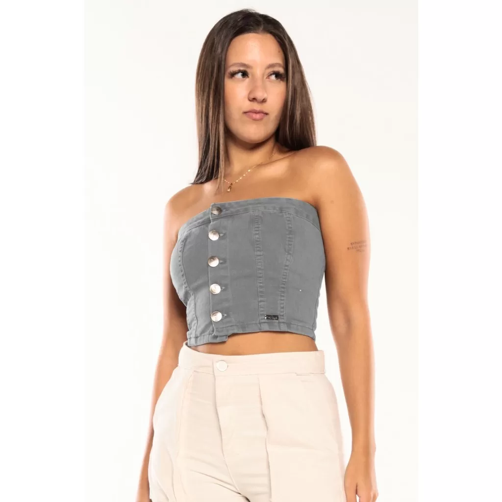 Cropped Feminino em Sarja Sem Mangas Planet Girls Cinza Claro