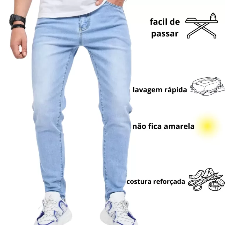 Calça jeans skinny masculina, em denim azul claro