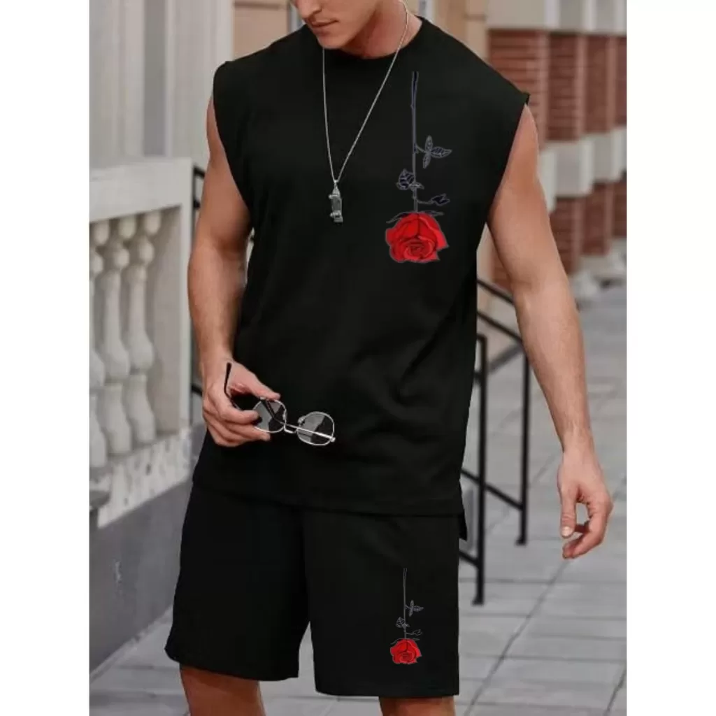 Conjunto de camiseta cavada machão Algodão Premium e bermuda masculino com estampa Rosa vermelha bás