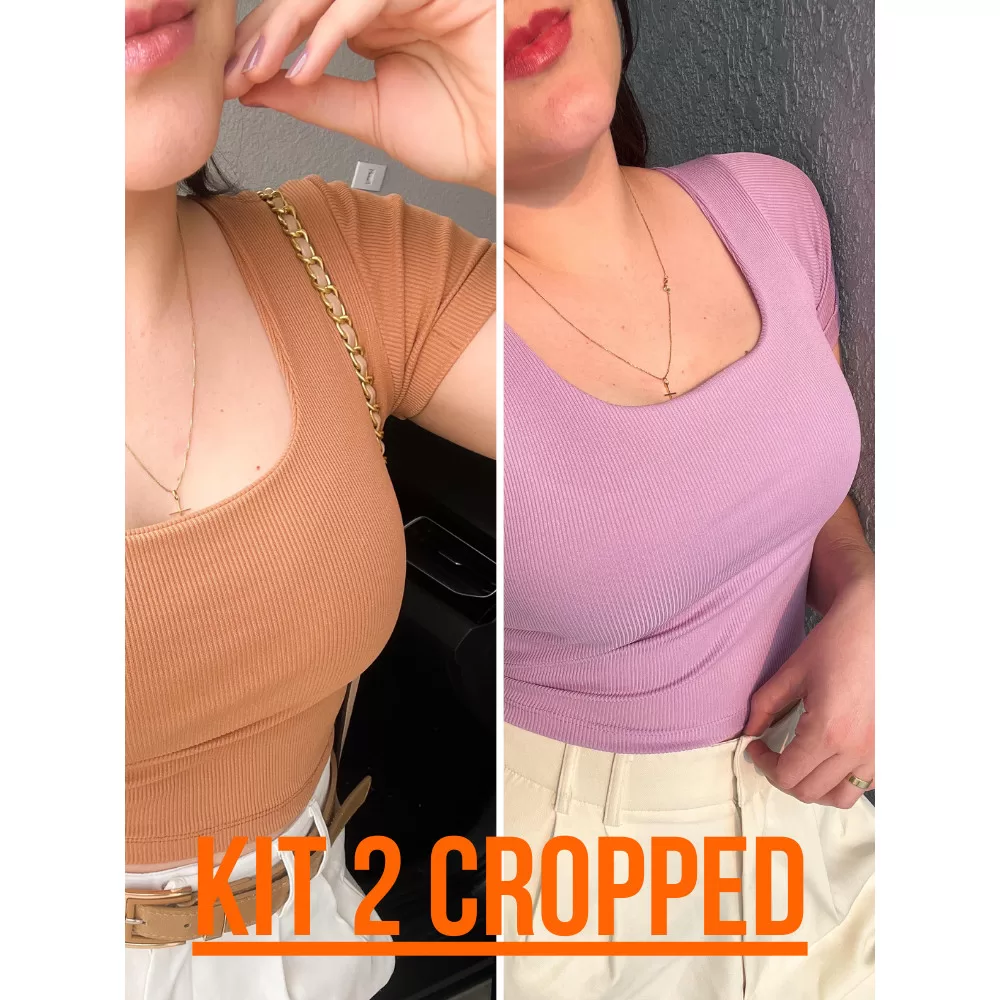 Kit 2 Blusa Cropped Feminino Manga Curta Gola U Canelado Ribana Elegante Casual Verao