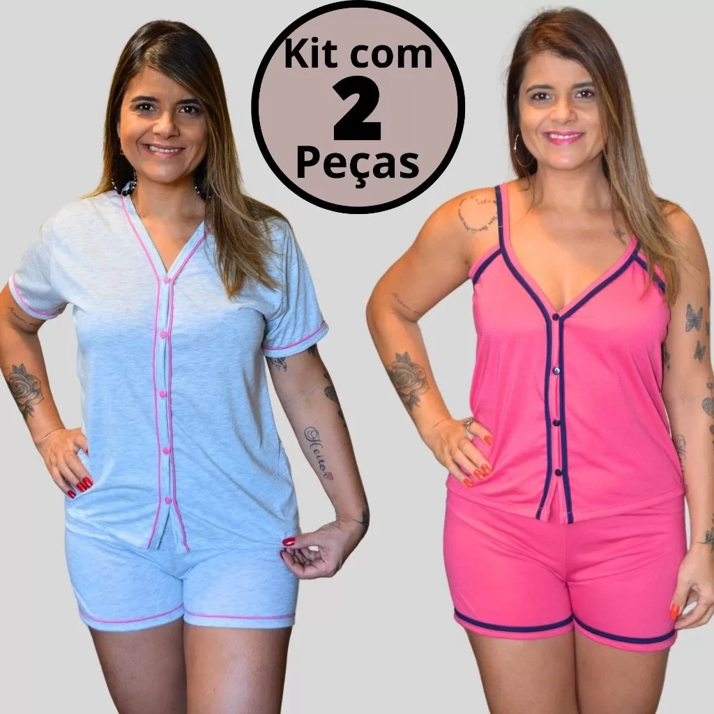 Kit 2 Pijamas Baby Doll Amamentação em Malha Cor Sortida Blogueirnha com Botões Cirúrgico