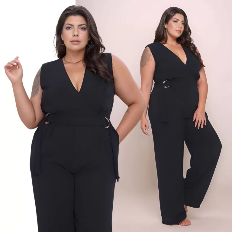 Macacão Pantalona Plus Size Com Cinto Tecido Duna