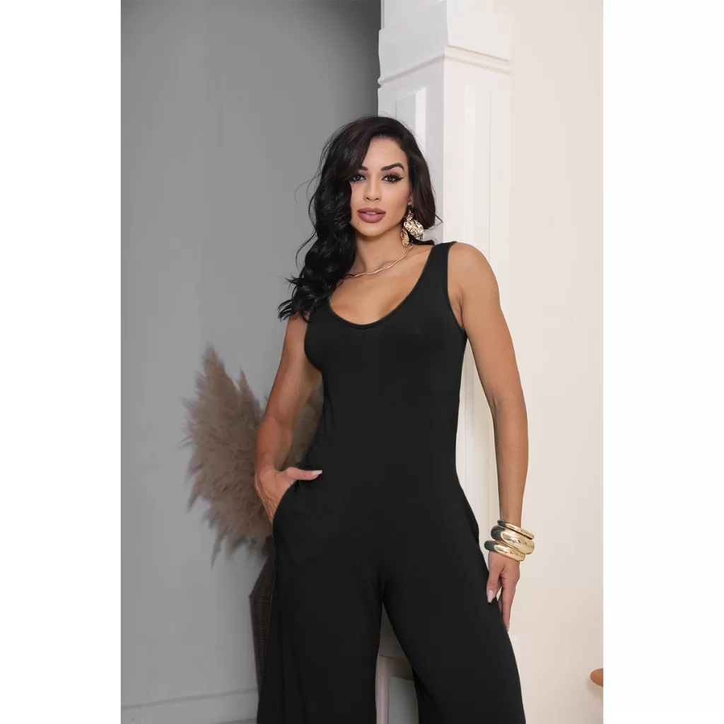 Macacão Feminino Pantacourt Com Bolso Moda Casual Viscolycra