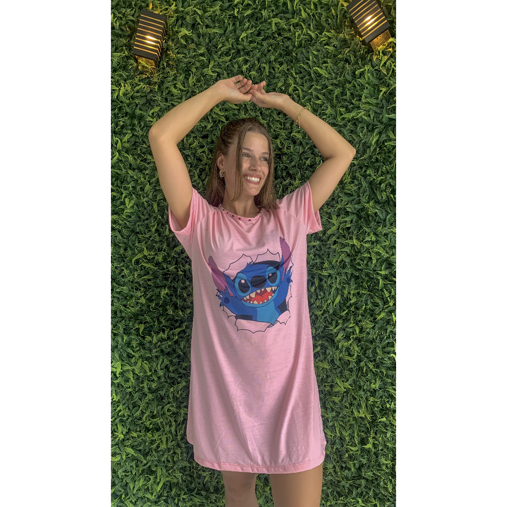 Pijama Camisola Feminino Adulto Noite Confortável Stitch