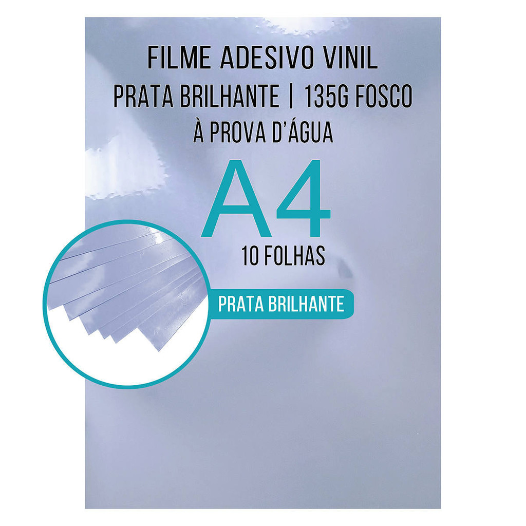 Vinil Adesivo Prata Brilhante 135g A4 Filme Adesivo PVC À Prova DÁgua com 10 Folhas