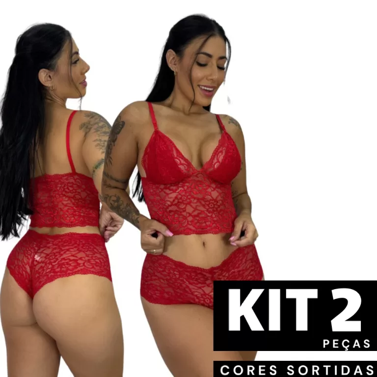 Kit 2/1 Conjunto Cropped Sem Bojo e Calcinha Renda