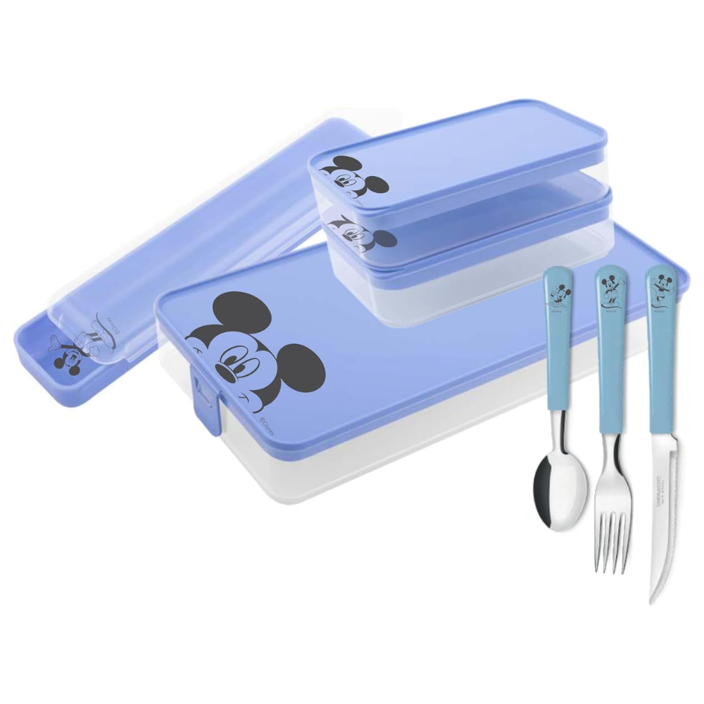 Kit Marmita Infantil Mickey Disney – Talheres, Potes e Estojo – 7 Pçs