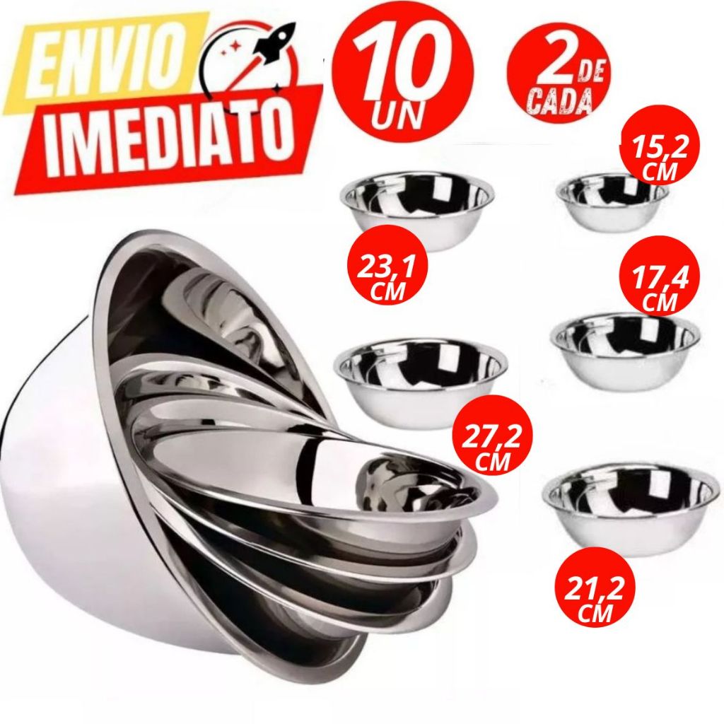 Kit Com 10 Tigelas Saladeira Bowls 27,2 , 23,1 , 21,2 17,4 e 15,2CM Em Aço Inox Excelente Casa Resta