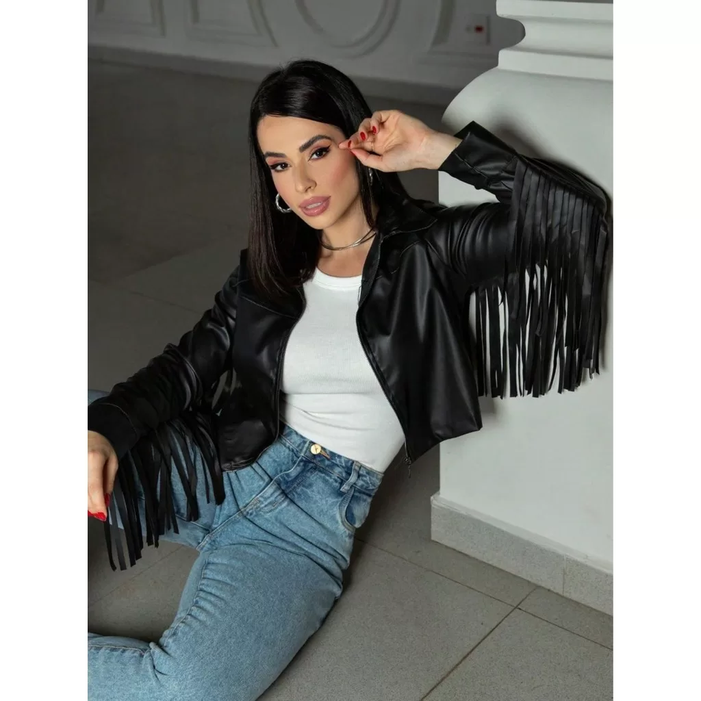 Jaqueta  manga longa feminina gola social de ziper na frente  com franjas estilosa moda Rodeio fest