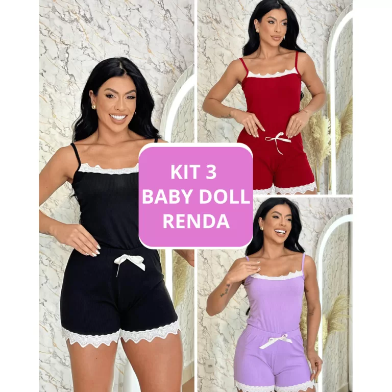 Kit 3 Babydoll Feminino  Canelado Com Renda Pijama