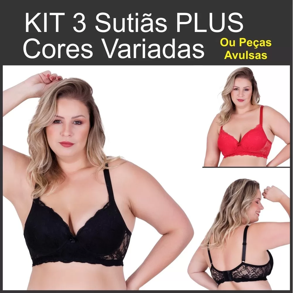Sutiã Plus Size Reforçado com Bojo de renda Clamar 4437 Direto Fábrica Kit c/ 2 ou 3 Peças ou AVULSO