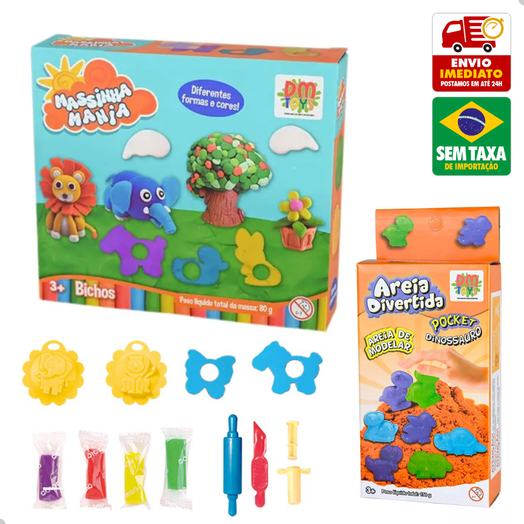 Kit Massinha Mania dos Bichos e Areia De Modelar Divertida Pocket 150g Dinossauro Dm Toys
