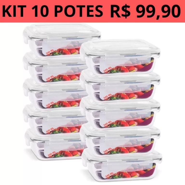 Kit 10 Pote Hermético de Vidro 340ml Marmita Fit 