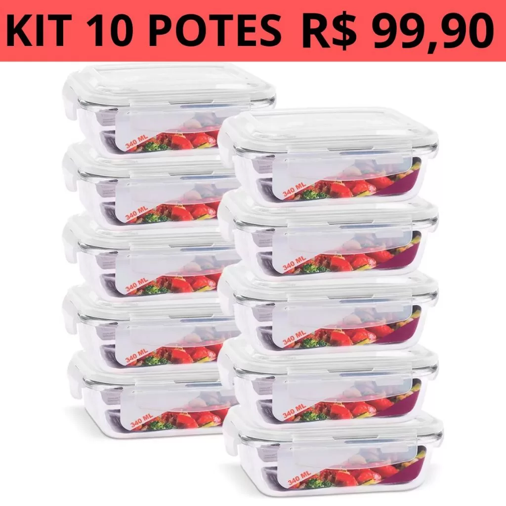 Kit 10 Pote Hermético de Vidro 370ml Marmita Fit Tampa 4 Travas Freezer Microondas Geladeira