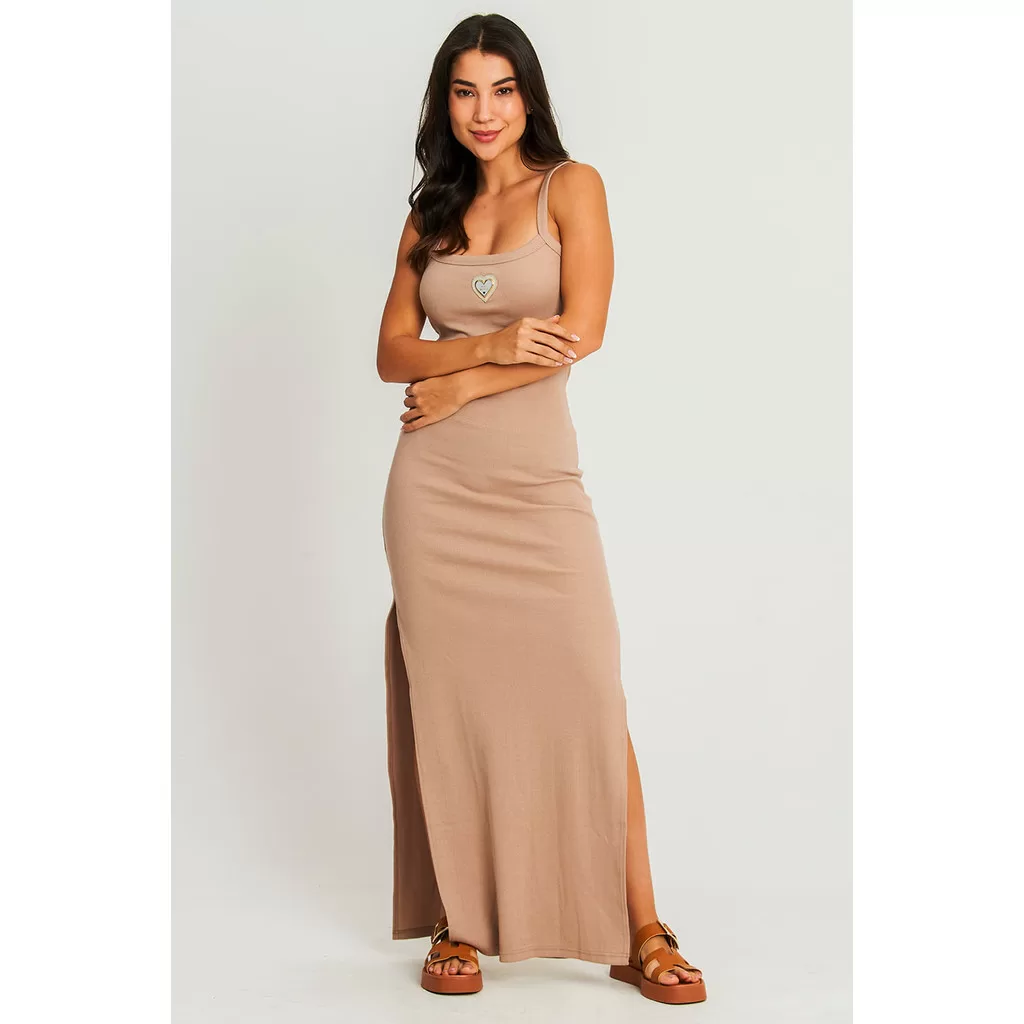 Vestido Longo Canelado Fenda Polo Wear Bege Claro