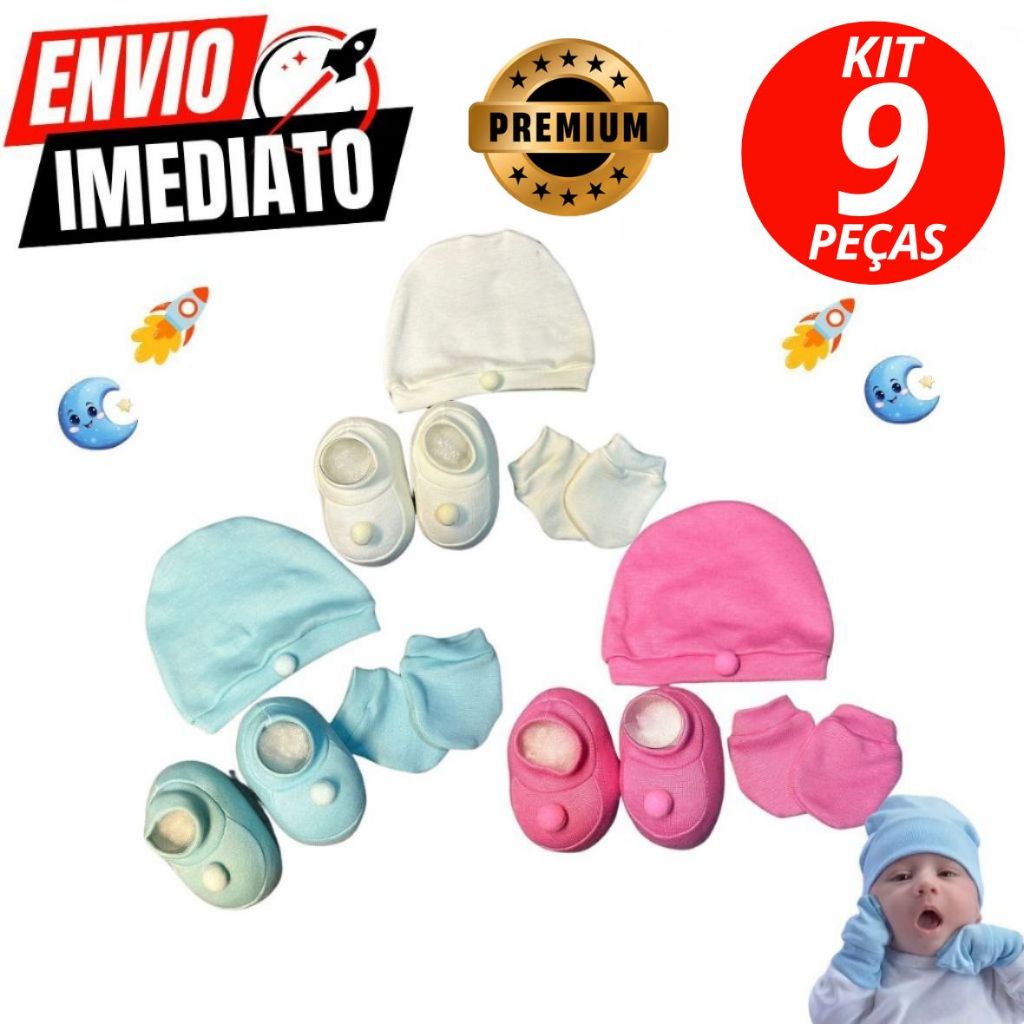 Kit Com 9 Peças Touca Luva e Sapatinho De Bebê 0 À 3 Meses Kit Luxo Premium Qualidade