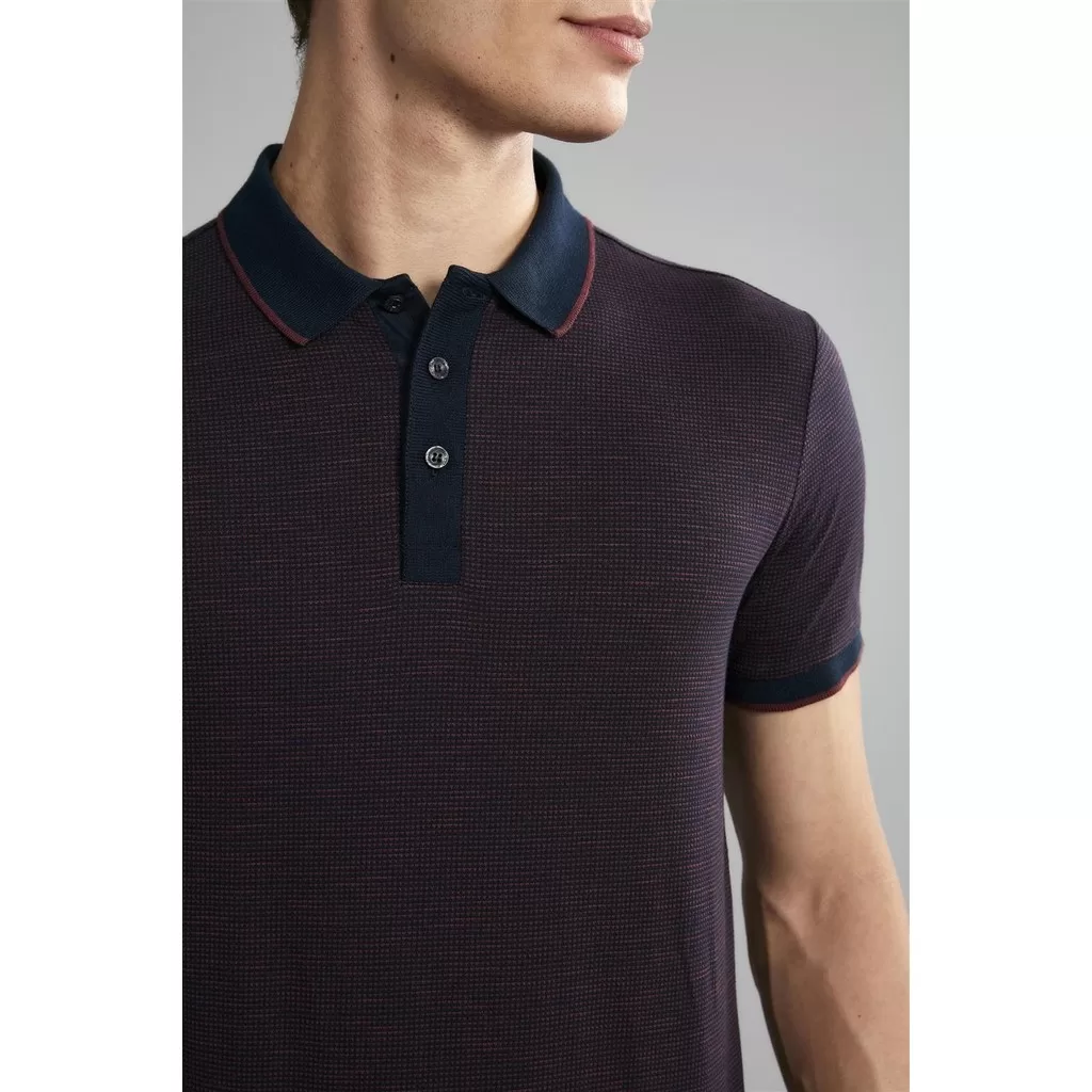 Polo Manga Curta Premium Jacquart Slim Fit – Azul Marinho /  Rosa Sagu