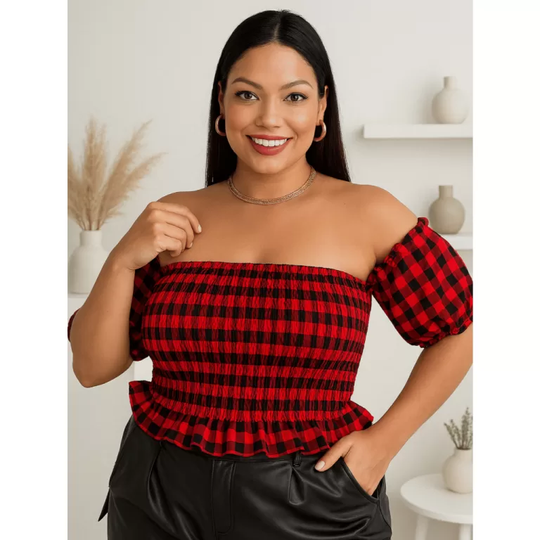 Blusa Feminina Plus Size Xadrez Cropped Ciganinha 