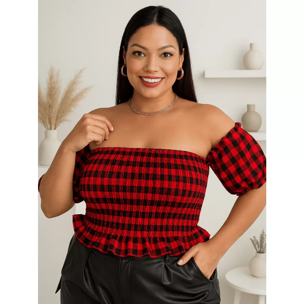 Blusa Feminina Plus Size Xadrez Cropped Ciganinha Ombro a Ombro Manga Curta Lastez Ajustável Festa