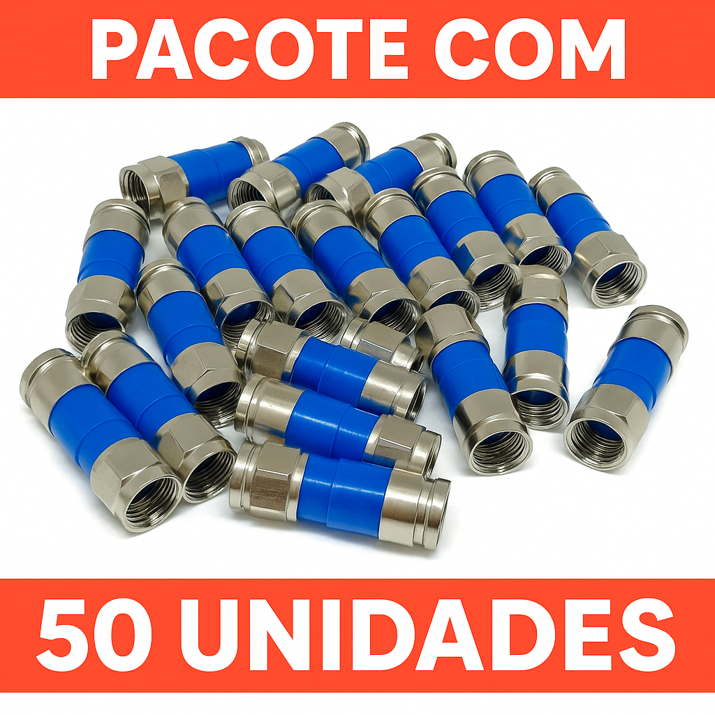 50 Conector F RG6 Compressão Blindado  TV, NET, Claro, Sky, Antena, CFTV, Digital PPC Azul