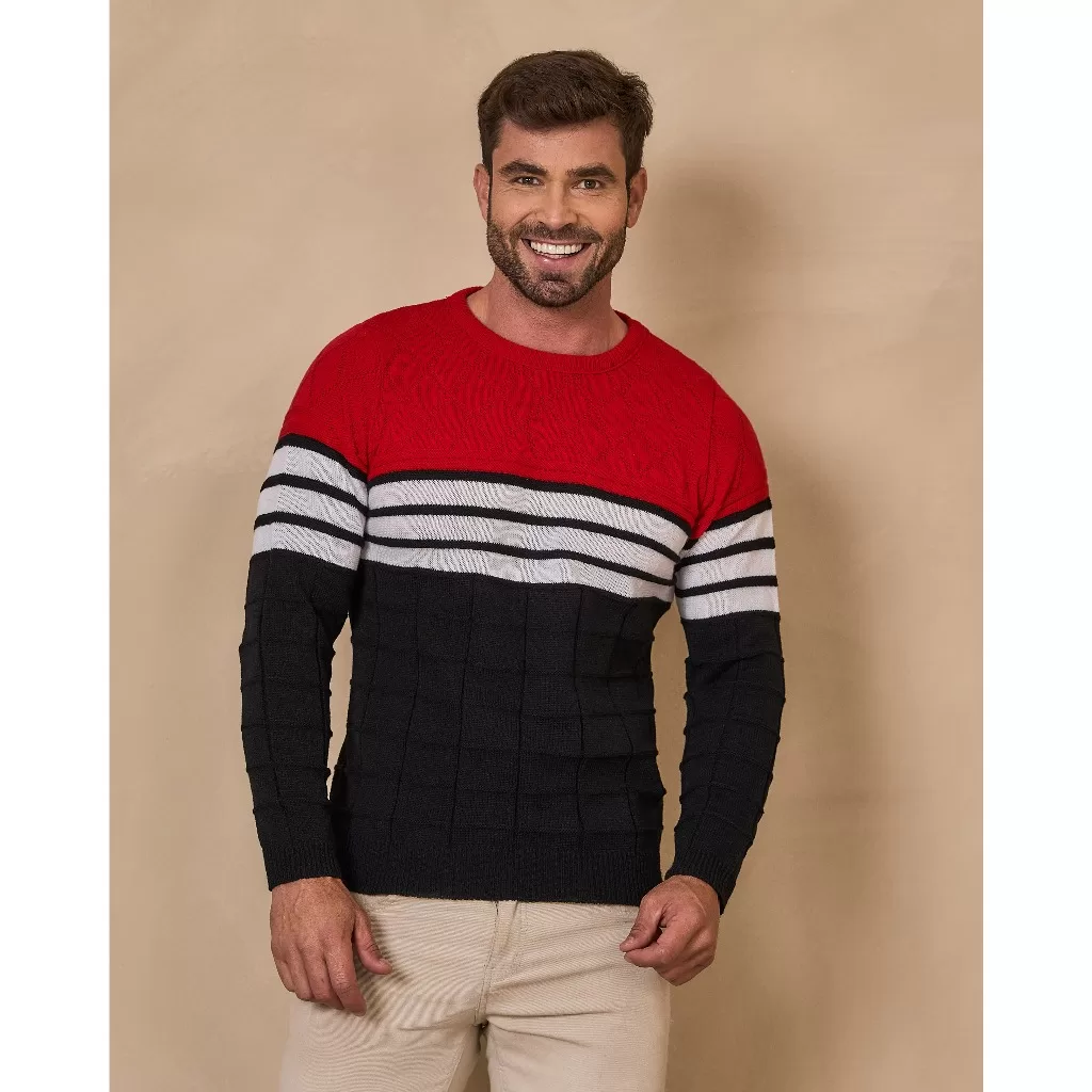 Blusa de Frio Tricô Masculino Térmica Segunda Pele Lã Listrada com Textura Manga Longa Gola Redonda