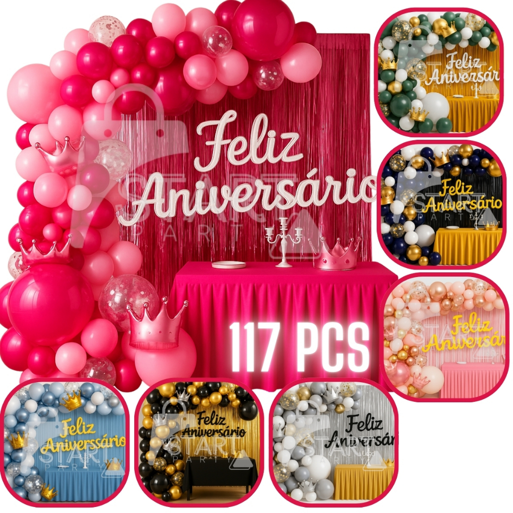 Kit 117 Pcs Balão Feliz Aniversario Cortinas Toalha Bexigas Festa Decoração Enfeite Happy Birthday